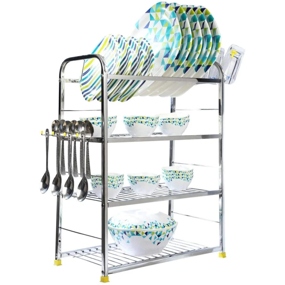 Palomino Stainless Steel 4 Layer Shelf Wall Mount Kitchen Dish Rack | Utensils Rack with Plate & Cutlery Stand | Modular Kitchen Storage Rack | Kitchen Organizers (24 X 18 Inch)
