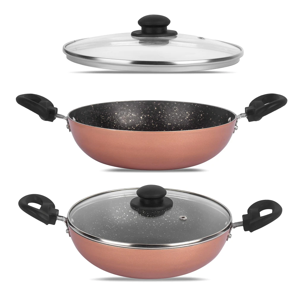 Palomino Heavy Duty Non-Stick Deep Kadhai 3mmThickness Non-Stick Cookware with Glass Lid (24 cm,Pack of 1)