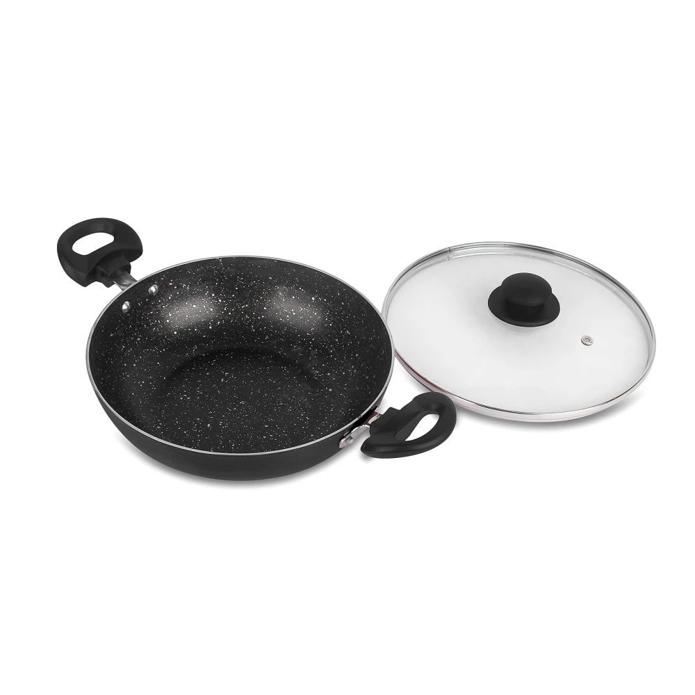 Palomino Heavy Duty Non-Stick Deep Kadhai 3mmThickness Non-Stick Cookware with Glass Lid (24 cm,Pack of 1)