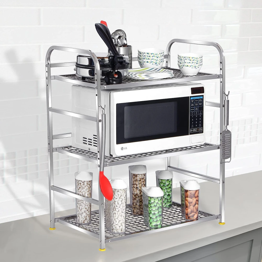 Palomino Kitchen Microwave Shelf, Stand Kitchen Counter Shelf Organizer, Microwave Oven Rack, 3 Tiers with 2 Hooks (75 x 38 x 11 cm, Stainless Steel, Tiered Shelf)