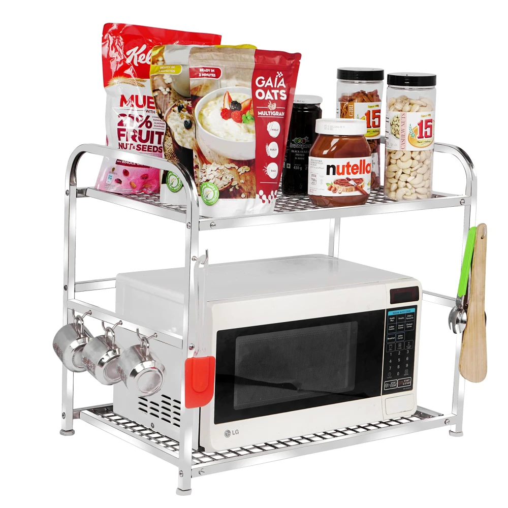Homify Microwave Stand Kitchen Microwave Shelf/Kitchen Counter Shelf Organizer, Spicy Shelf Rack Toaster Organizer, Microwave Oven Rack, 2 Tiers with 2 Hooks (74 x 44 x 8 cm)