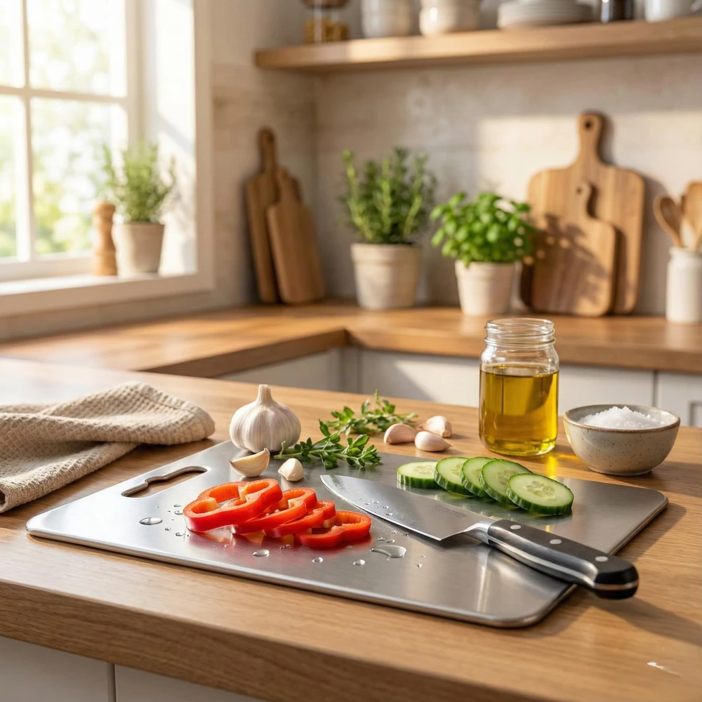 Palomino All-in-One Stainless Steel Rolling Pin & Chopping Board| Non-Slip, Round Edge, Rust-Proof | Ideal for Fruits, Meat & Veggies (Pack of 2)