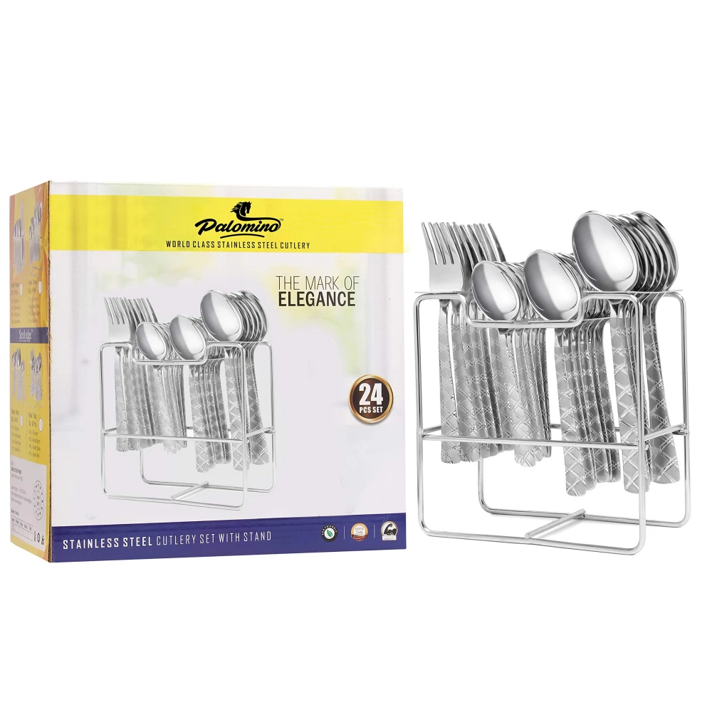 Palomino Stainless Steel Spoon Stand Rack Steel Cutlery Set Stainless Steel Cutlery Set (Pack of 25)