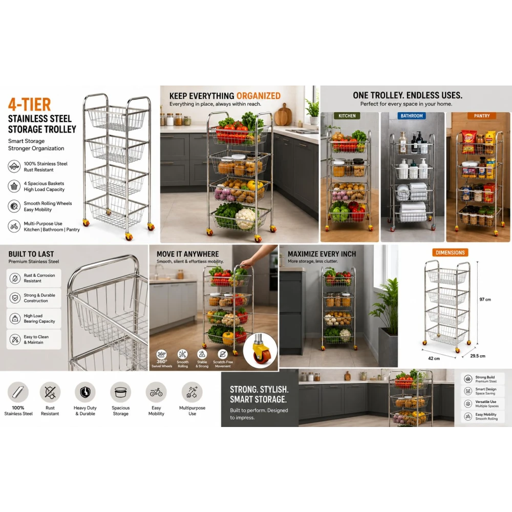 Palomino Stainless Steel Fruit & Vegetable Kitchen Trolley | Vegetable Basket | Fruit Basket | Vegetable Stand for Kitchen Storage | Onion Potato Rack for Kitchen (SUPERDLX-4SHELF, 4 Shelf)
