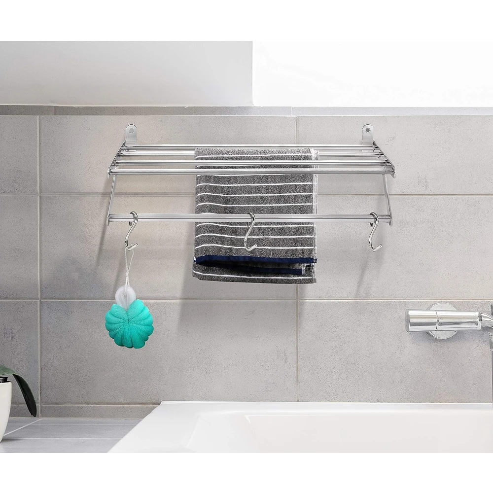 Palomino Stainless Steel Wall Mounted Cloth Drying Rack Stand Hanger Towel Bar Stand with 5 Bars with 3 Extra Hooks for Bathroom|Balcony|Kitchen