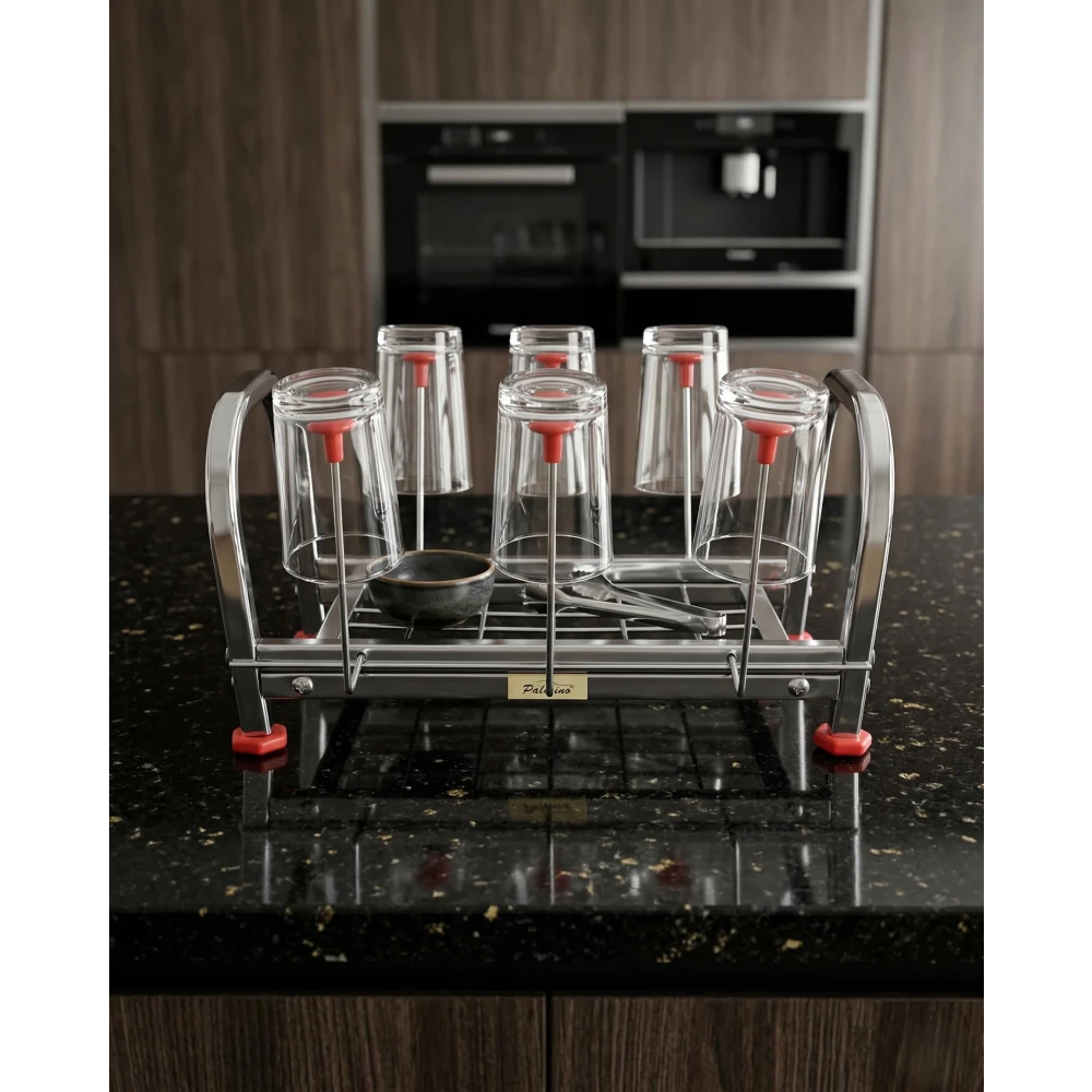 Palomino Stainless Steel Kitchen Rack with Glass Holder | Heavy Duty Cup & Glass Stand with 6 Hooks | Rust-Proof Countertop Organizer Shelf for Kitchen, Tea Cups, Utensils Storage (6 GLASS)
