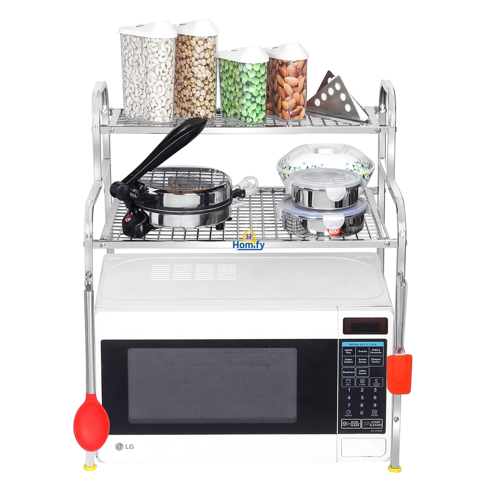 Homify Kitchen Microwave Shelf, Microwave Stand Kitchen Counter Shelf Organizer, Spicy Shelf Rack Toaster Organizer, Microwave Oven Rack, 2 Tiers with 2 Hooks (74 x 44 x 8 cm)