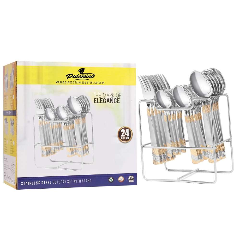 Palomino 24 pcs Stainless Steel Golden Design and Mirror Finish Cutlery Set with Beautiful Stand (Pack of 25)