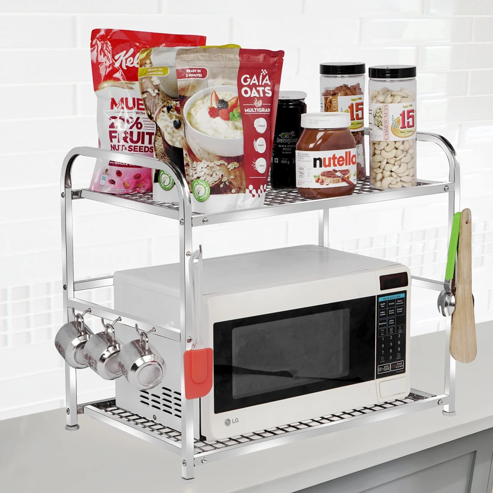 Homify Stainless Steel 2-Tier Microwave Oven Stand | Heavy-Duty Kitchen Counter Shelf Rack | Multipurpose Storage Organizer for Toaster, Spices, Cookware | Rust-Proof & Easy to Clean (Silver)