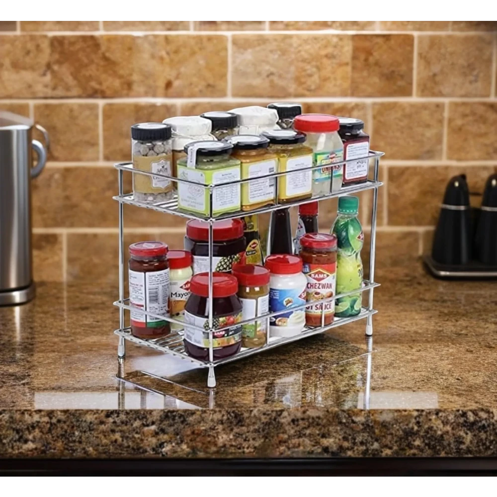 Palomino Stainless Steel 2-Tier Spice Rack for Kitchen Trolley Basket, Storage Racks & Shelves, Space Saver, 2.0 Rack (Silver, Tiered Shelf)