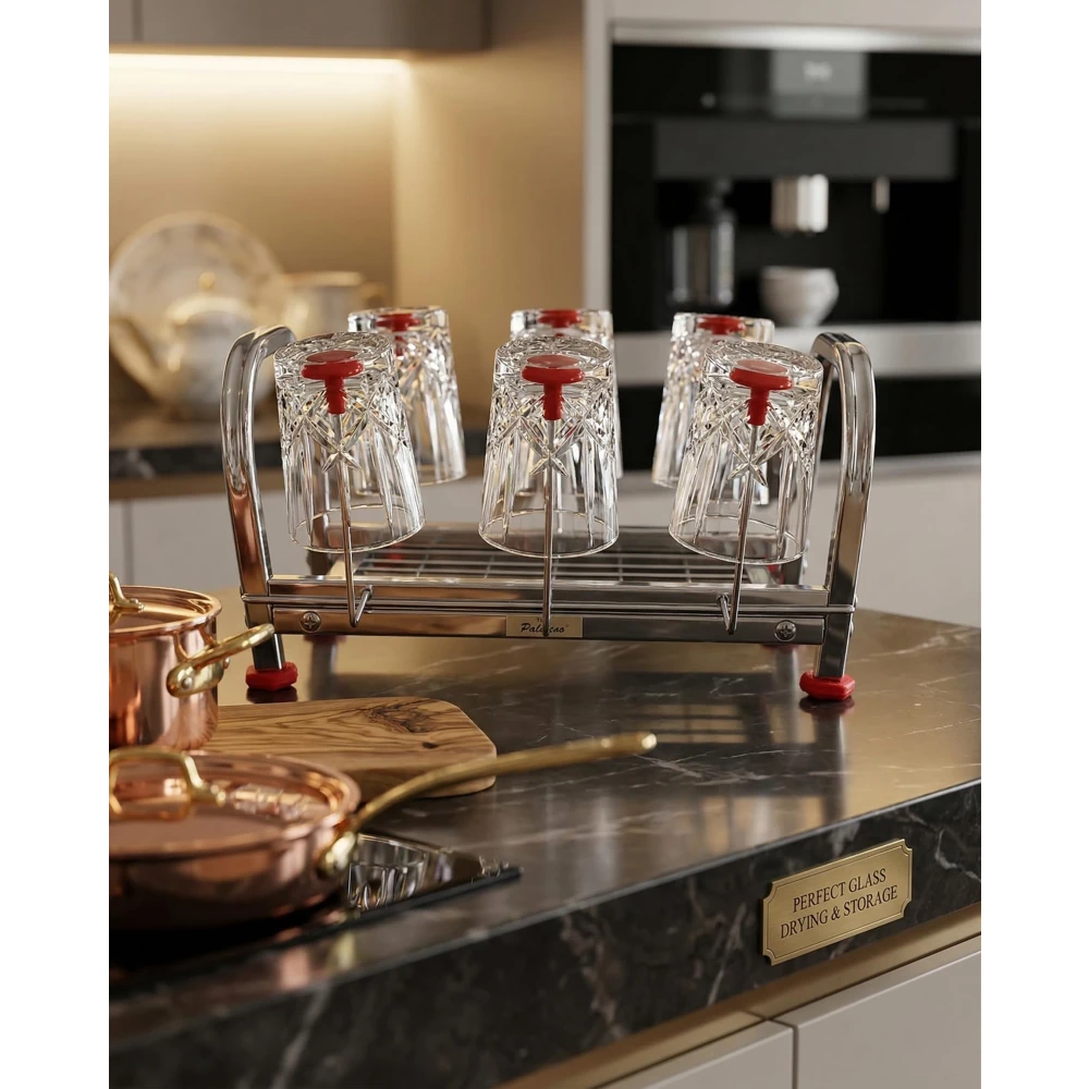 Palomino Stainless Steel Kitchen Rack with Glass Holder | Heavy Duty Cup & Glass Stand with 6 Hooks | Rust-Proof Countertop Organizer Shelf for Kitchen, Tea Cups, Utensils Storage (6 GLASS)