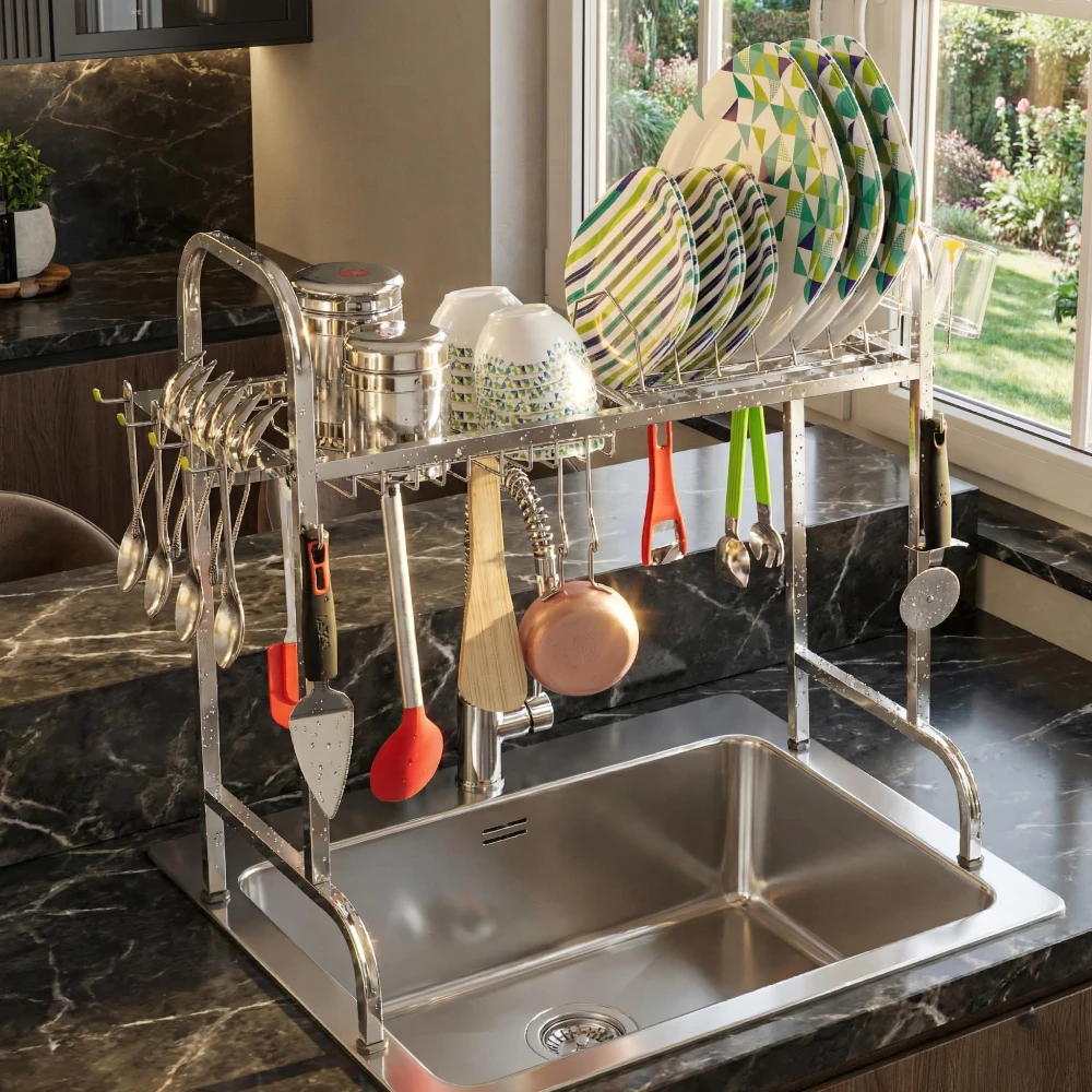 Palomino Stainless Steel Over The Sink Dish Drying Rack 24 Inch| 1-Tier Utensil Holder for Kitchen | Counter Top Sink Rack | Standing Shelf for Organize Kitchen | Kitchen Dish Rack (1 Shelf)