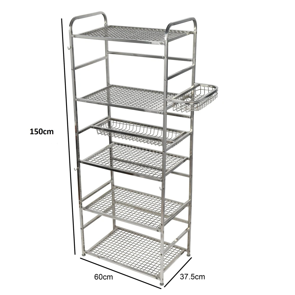 Palomino Stainless Steel Space Saver Kitchen Rack Stand for Microwave Oven Utensil Organizer Cutlery Storage Multipurpose Rack Stand for Home and Kitchen with Extra Hooks (Silver) (6 Shelf) (X-Large)