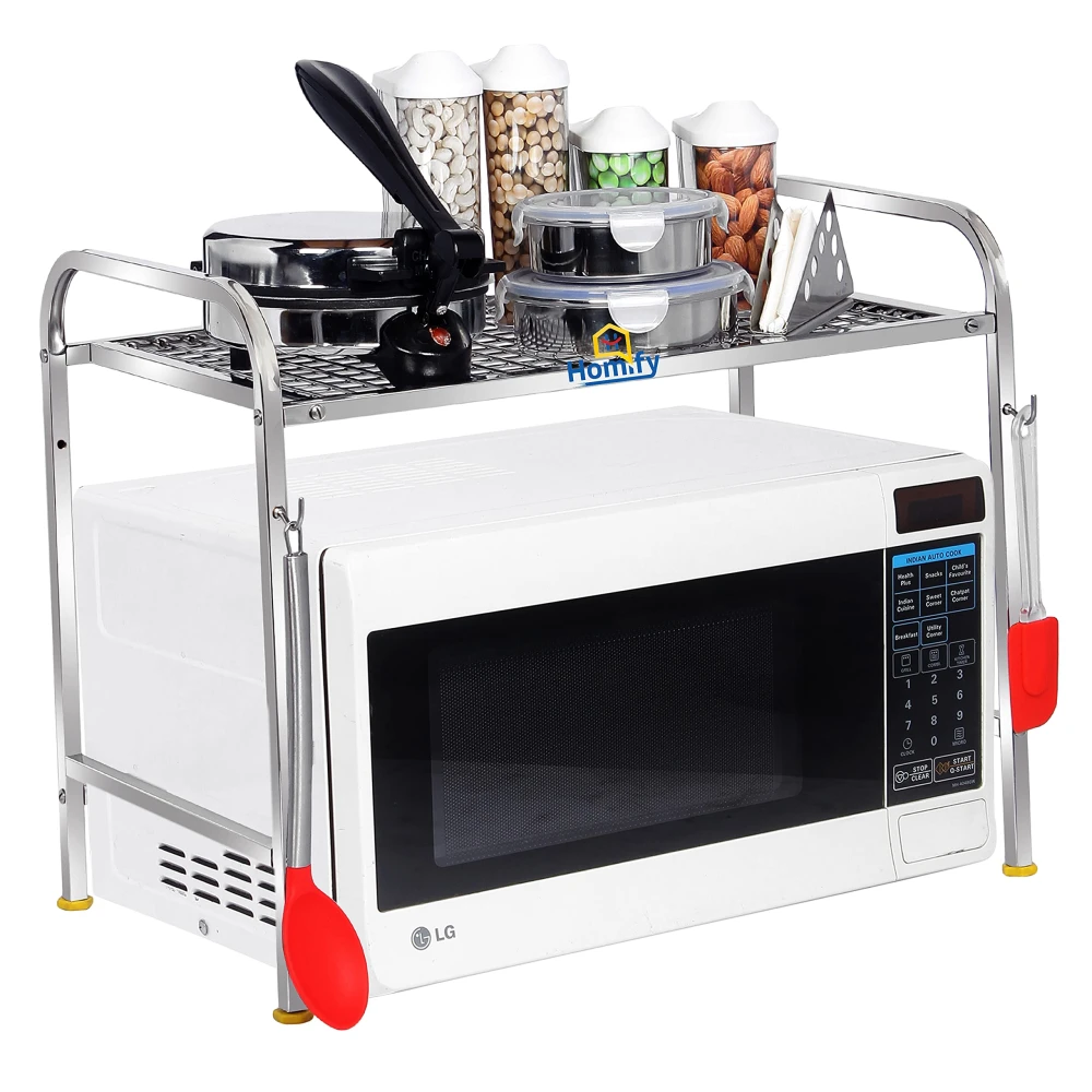 Homify Kitchen Microwave Shelf, Microwave Stand Kitchen Counter Shelf Organizer, Spicy Shelf Rack Toaster Organizer, Microwave Oven Rack, 1 Tiers with 2 Hooks (58 x 38 x 8 cm)