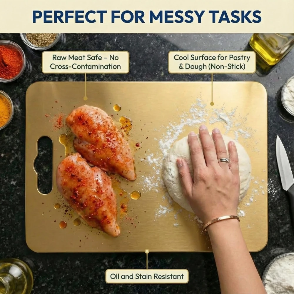 Palomino All-in-One Stainless Steel Golden Chopping Board & Silver Rolling Pin | Non-Slip, Round Edge, Rust-Proof | Ideal for Fruits, Meat & Veggies (31x21)