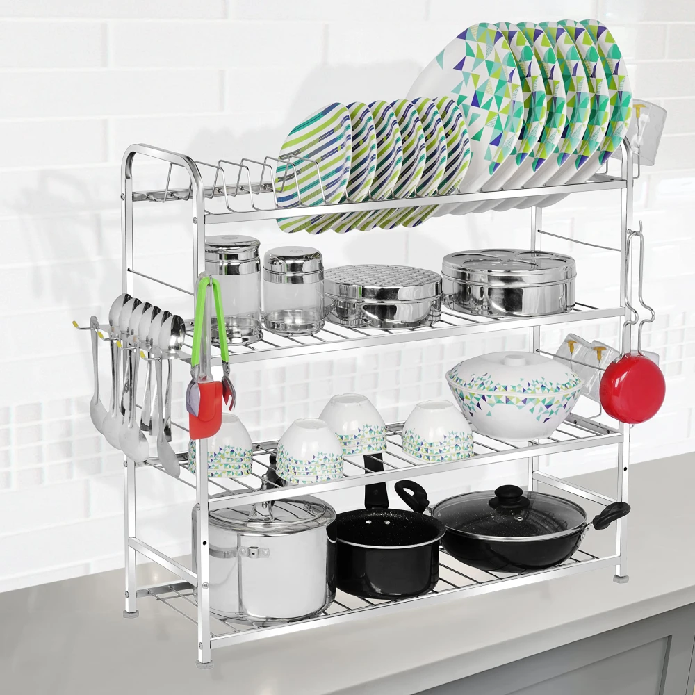 Palomino 4 Layer Wall Mount Kitchen Utensils Dish Rack | Stainless Steel Stand | Dish Holder | Kitchen Organizer | Utensils Rack with Plate & Cutlery Stand (31 x 30), Tiered Shelf