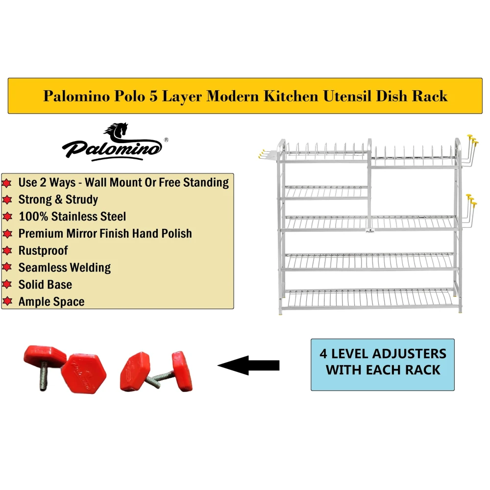 Palomino Wall Mount Kitchen Utensils Dish Rack | Stainless Steel Utensil Rack/Stand | Dish Stand/Holder | Kitchen Organizer | Utensils Rack with Plate & Cutlery Stand (30 X 30 Inches) + Wiper