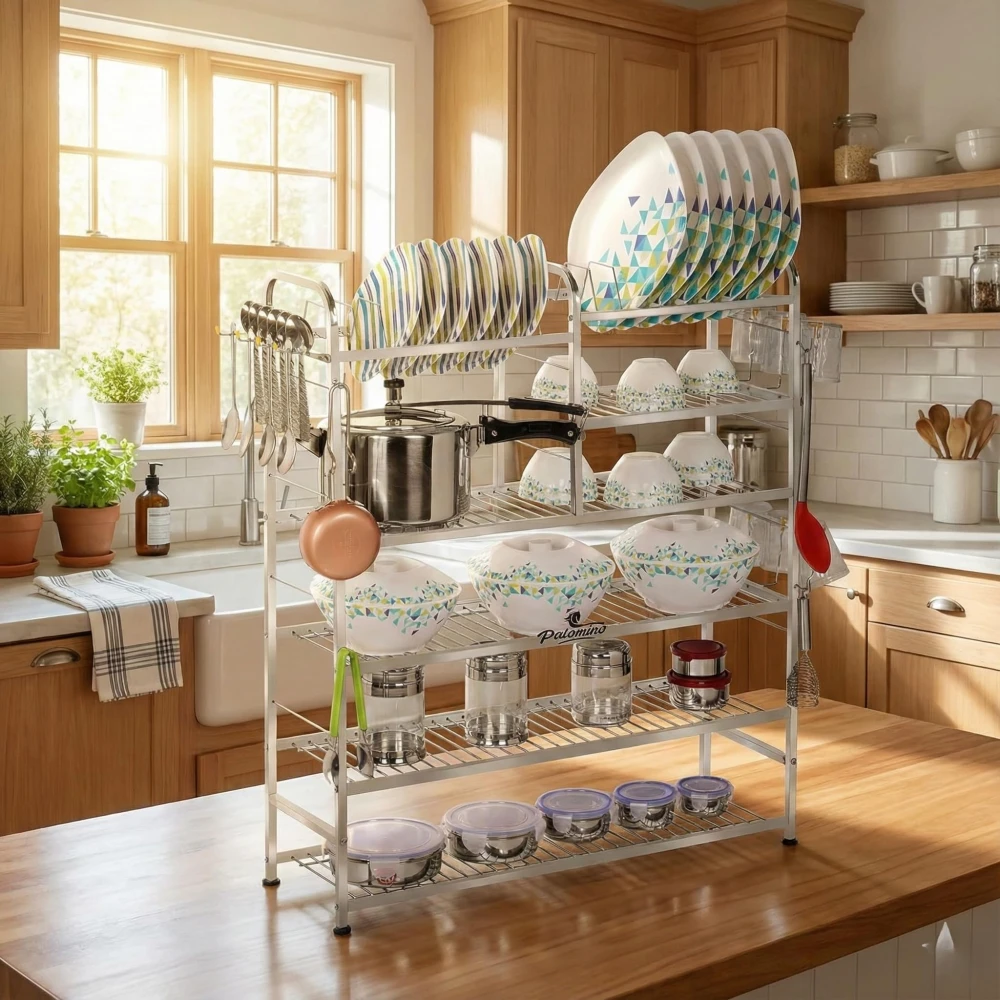 Palomino Wall Mount Kitchen Utensils Dish Rack | Stainless Steel Stand | Dish Stand/Holder | Kitchen Organizer | Utensils Rack with Plate & Cutlery Storage (36 X 30 Inches, Tiered Shelf rack)
