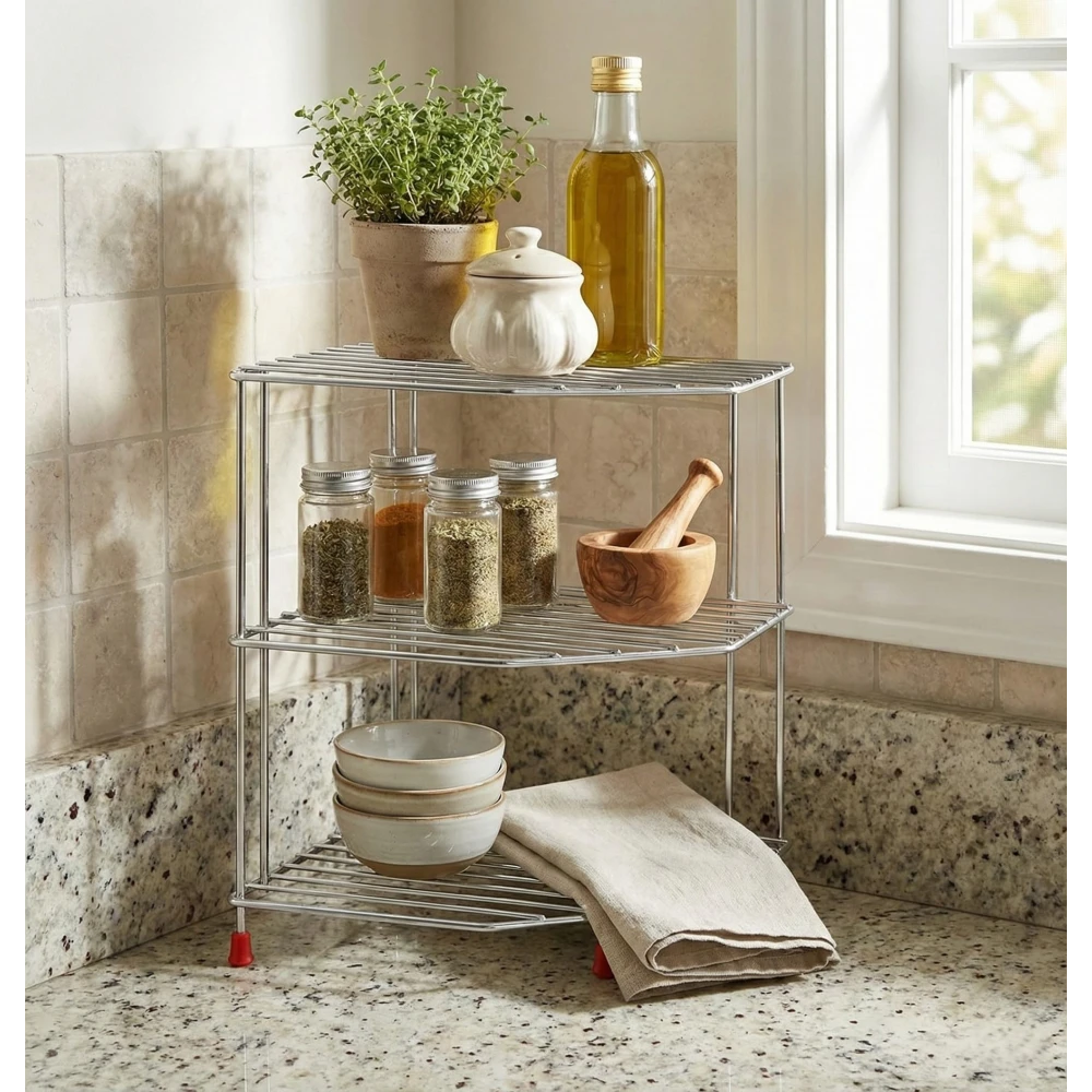 Palomino 3-Tier Stainless Steel Kitchen Organizer Rack Corner Shelf Rack for Kitchen Storage | Plate & Bowl Holder | Kitchen Steel Rack Stand for Sink, Slab, and Cabinet,Free Standing