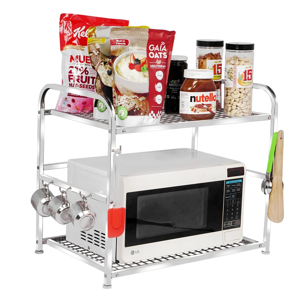 Homify Stainless Steel 2-Tier Microwave Oven Stand | Heavy-Duty Kitchen Counter Shelf Rack | Multipurpose Storage Organizer for Toaster, Spices, Cookware | Rust-Proof & Easy to Clean (Silver)