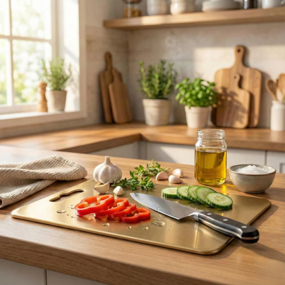 Palomino Large Stainless Steel Cutting Board for Kitchen | Premium Vegetable and Fruit Cutter | Heavy-Duty Metal Chopping Board | Big Size Pad (35x25cm)-Gold