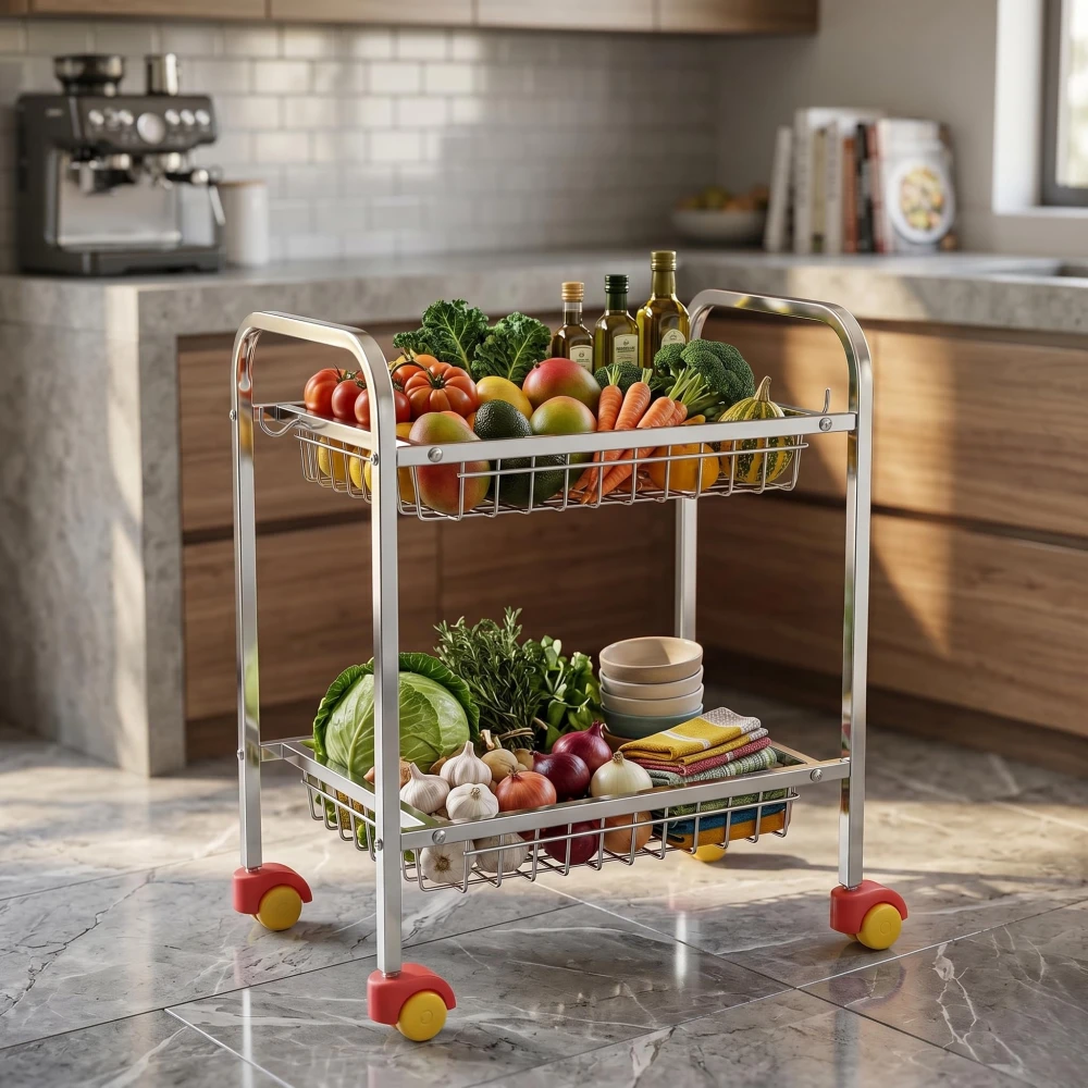 Palomino Fruits/Vegetables Kitchen Rack 2 Step Fruit and Vegetable Rack Stainless Steel Kitchen Trolley (Rectangle, 2 Tier)