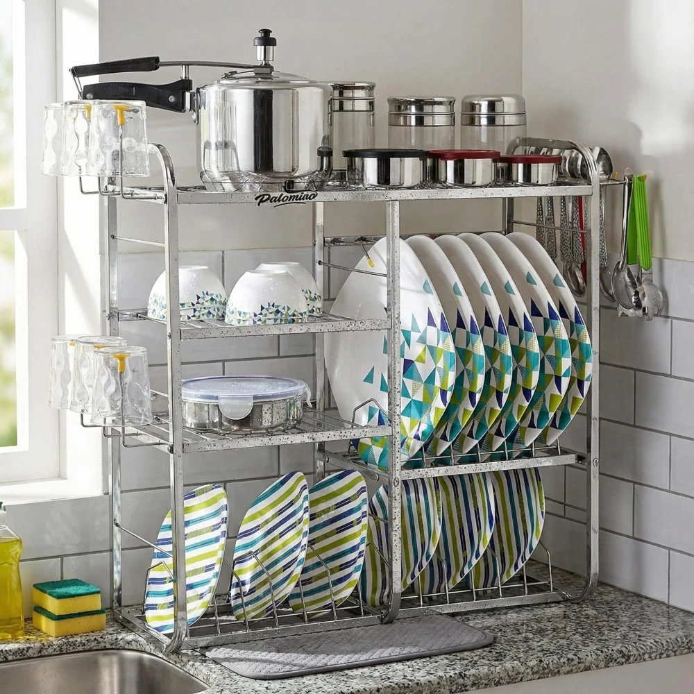 Homify Stainless Steel 4 Layer Kitchen Rack Utensils Rack for Modern Kitchen Steel Rack (24 x 24 inch)