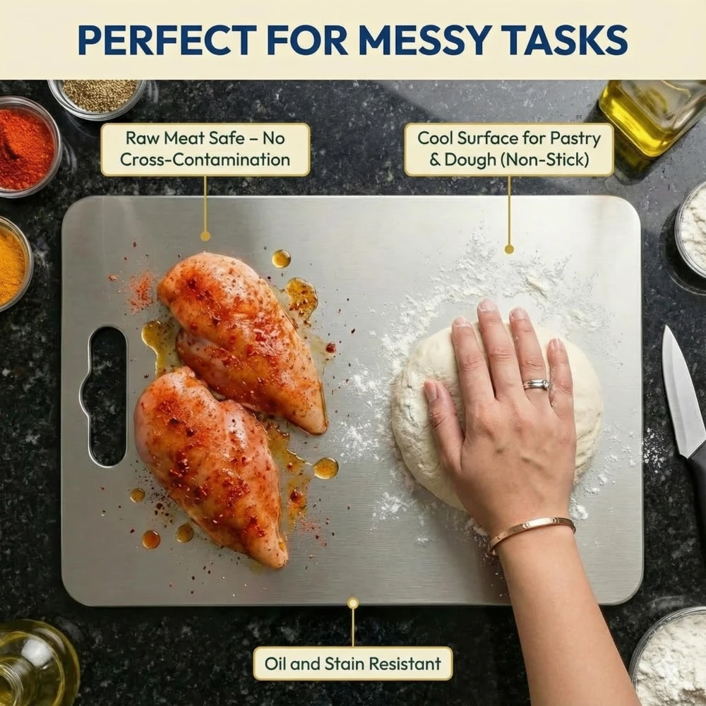 Palomino All-in-One Stainless Steel Rolling Pin & Chopping Board| Non-Slip, Round Edge, Rust-Proof | Ideal for Fruits, Meat & Veggies (Pack of 2)