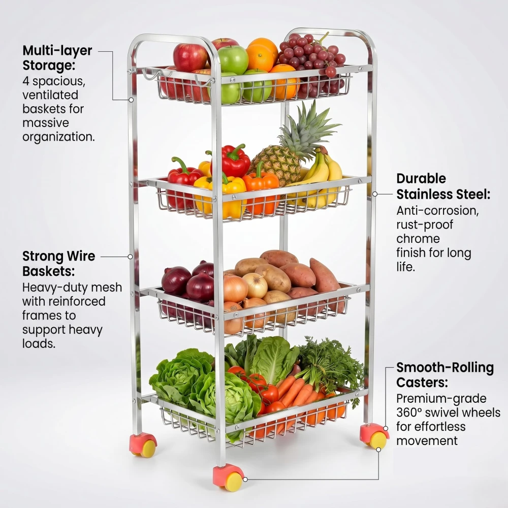 Palomino Fruits/Vegetables Kitchen Rack 4 Step Fruit and Vegetable Rack Stainless Steel Kitchen Trolley (4 Shelf)