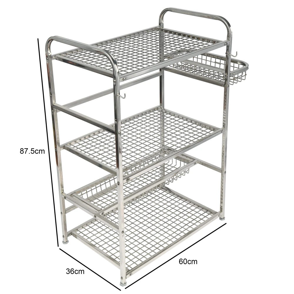 Palomino Stainless Steel Space Saver Kitchen Rack Stand for Microwave Oven Utensil Organizer Cutlery Storage Multipurpose Rack Stand for Home and Kitchen with Extra Hooks (Silver) (4 Shelf) (Standard)