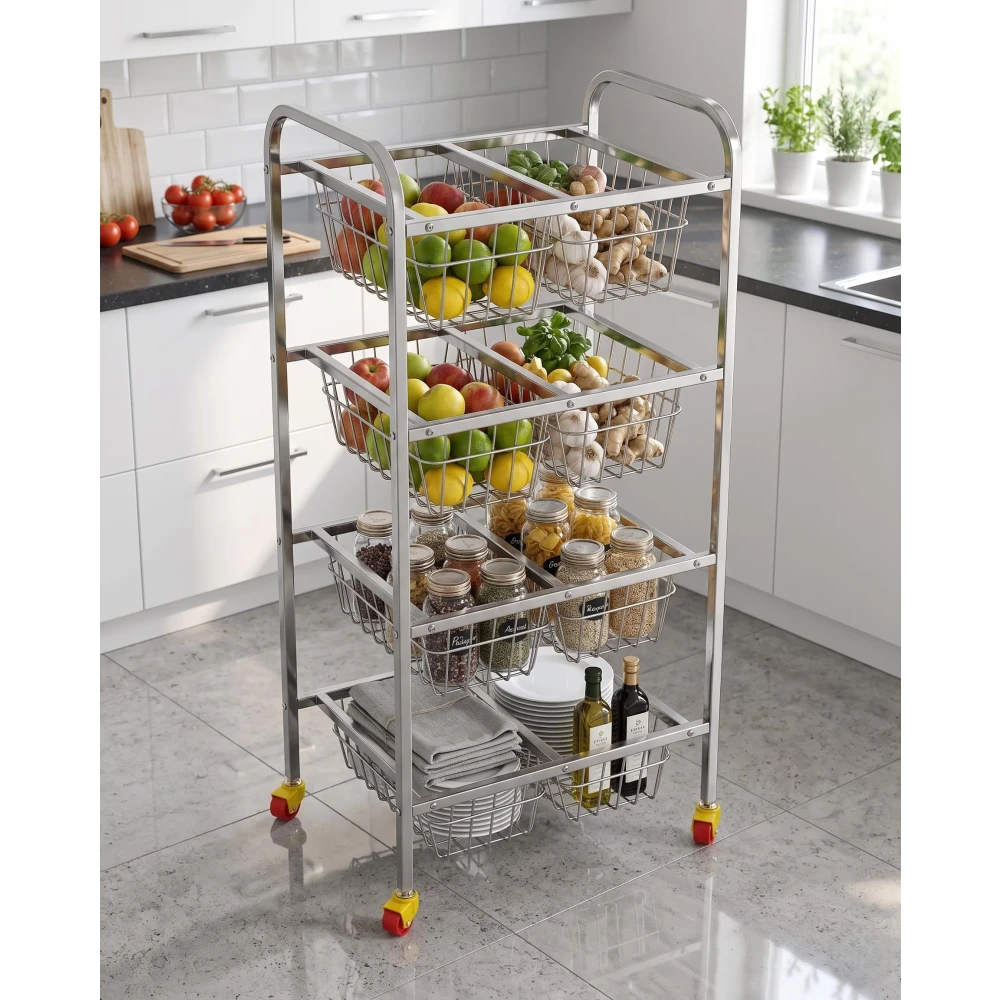 Palomino Stainless Steel Fruit & Vegetable Kitchen Trolley | Vegetable Basket | Fruit Basket | Vegetable Stand for Kitchen Storage | Onion Potato Rack for Kitchen (SUPERDLX-4SHELF, 4 Shelf)