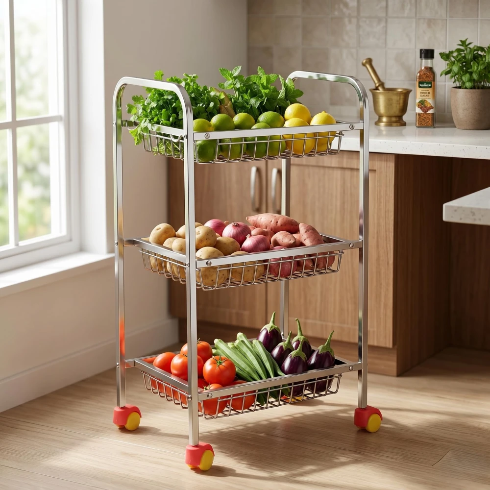 Palomino Fruits/Vegetables Kitchen Rack 3 Step Fruit and Vegetable Rack Stainless Steel Kitchen Trolley (3 Shelf)