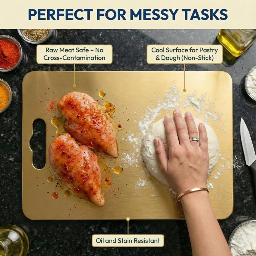 Palomino Large Stainless Steel Cutting Board for Kitchen | Premium Vegetable and Fruit Cutter | Heavy-Duty Metal Chopping Board | Big Size Pad (35x25cm)-Gold