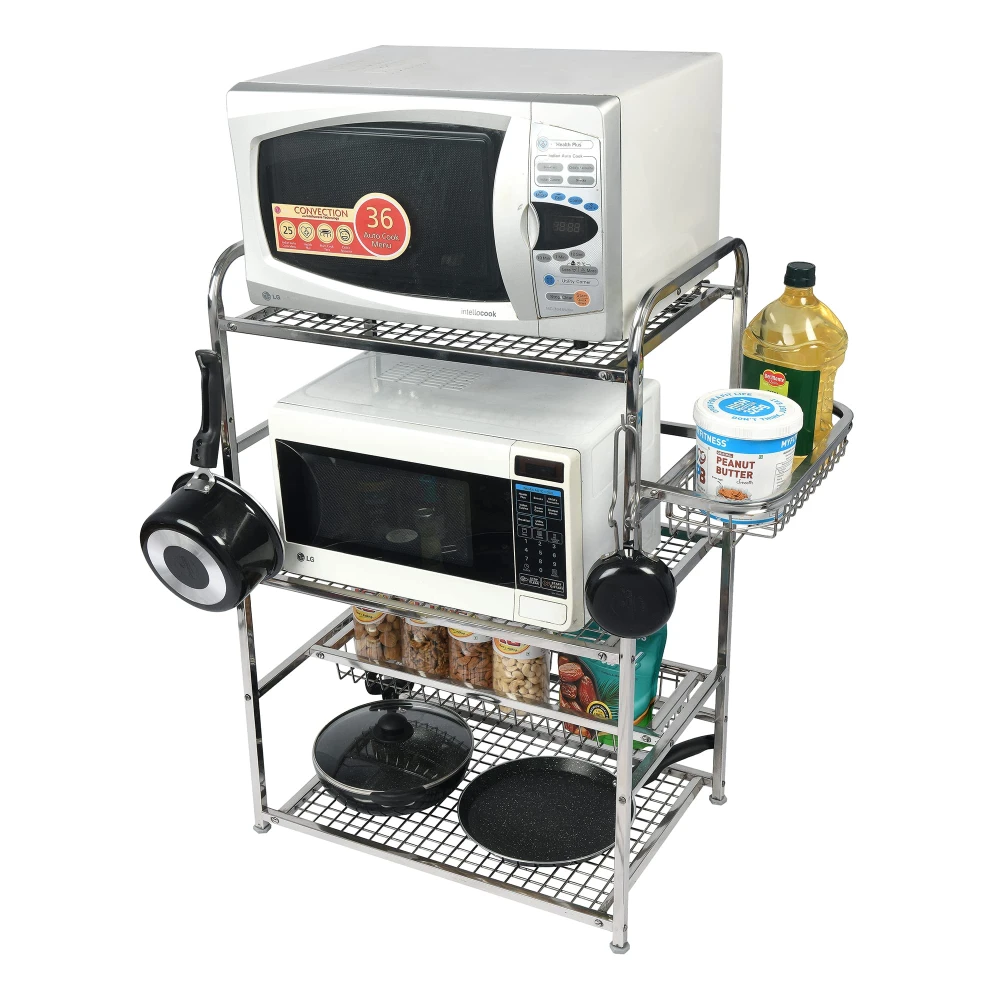 Palomino Stainless Steel Space Saver Kitchen Rack Stand for Microwave Oven Utensil Organizer Cutlery Storage Multipurpose Rack Stand for Home and Kitchen with Extra Hooks (Silver) (4 Shelf) (Standard)