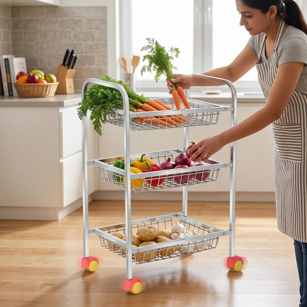 Palomino Fruits/Vegetables Kitchen Rack 3 Step Fruit and Vegetable Rack Stainless Steel Kitchen Trolley (3 Shelf)
