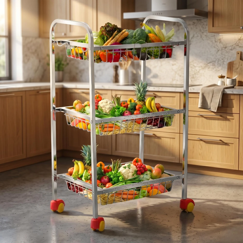 Palomino Fruits/Vegetables Kitchen Rack 3 Step Fruit and Vegetable Rack Stainless Steel Kitchen Trolley (3 Shelf)