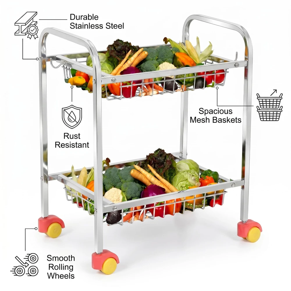 Palomino Fruits/Vegetables Kitchen Rack 2 Step Fruit and Vegetable Rack Stainless Steel Kitchen Trolley (Rectangle, 2 Tier)