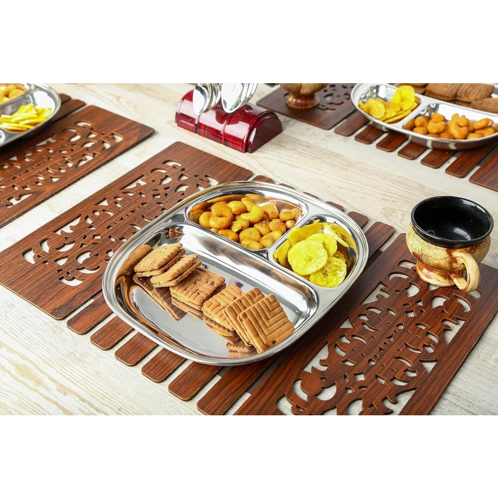 Palomino 3 In1 Stainless Steel Plates with Compartments/Tiffin Plates/Idli Sambhar Plates/Partition Plates/Breakfast Plate/Steel Plates for Lunch/Dinner Oval