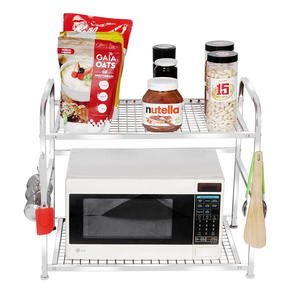 Homify Microwave Stand Kitchen Microwave Shelf/Kitchen Counter Shelf Organizer, Spicy Shelf Rack Toaster Organizer, Microwave Oven Rack, 2 Tiers with 2 Hooks (74 x 44 x 8 cm)