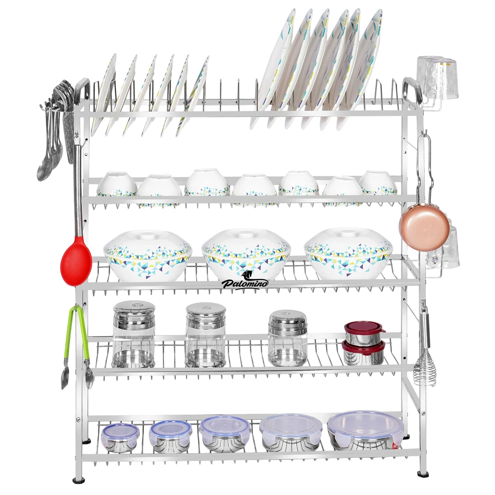 Palomino 5 Layer Shelf Wall Mount Kitchen Utensils Dish Rack | Stainless Steel Stand | Kitchen Organizer | Utensils Rack with Plate & Cutlery Stand (Opal 36 * 30 in, Tiered Shelf rack)
