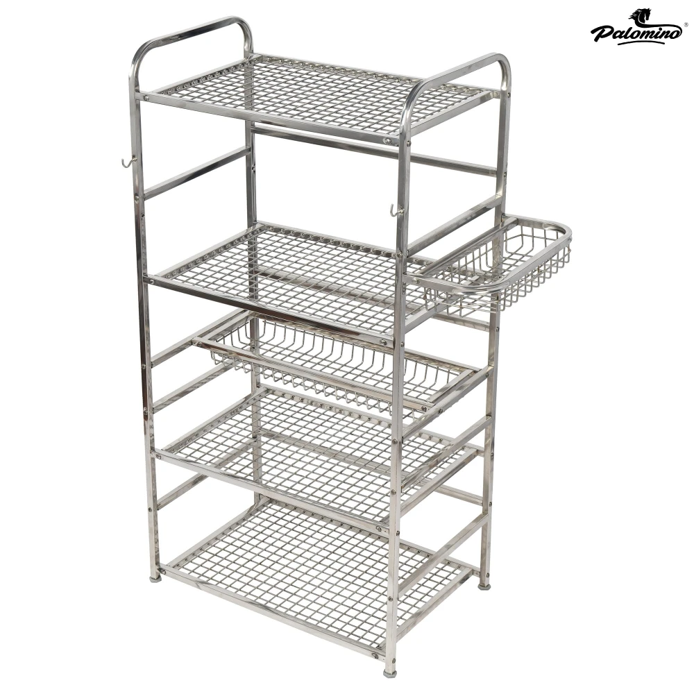 Palomino Stainless Steel Space Saver Kitchen Rack Stand for Microwave Oven Utensil Organizer Cutlery Storage Multipurpose Rack Stand for Home with Extra Hooks (Silver) (5 Shelf) (Large)