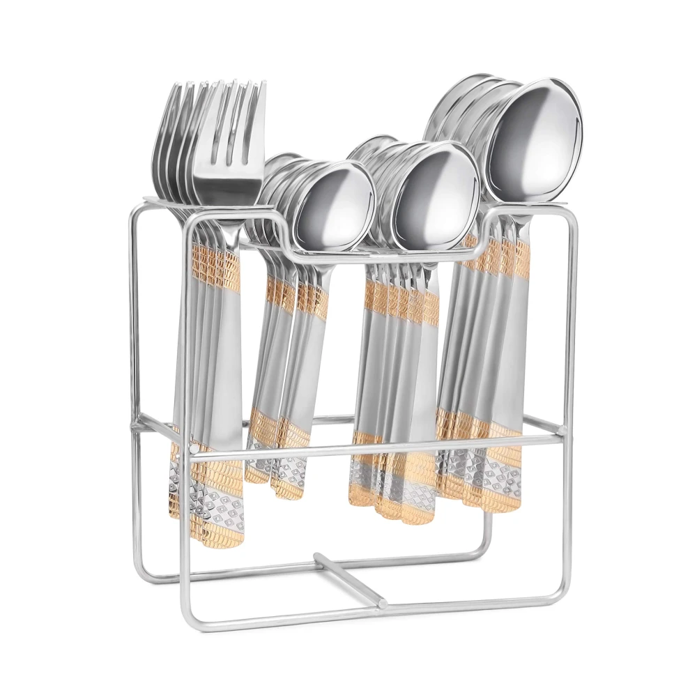 Palomino 24 pcs Stainless Steel Golden Design and Mirror Finish Cutlery Set with Beautiful Stand (Pack of 25)