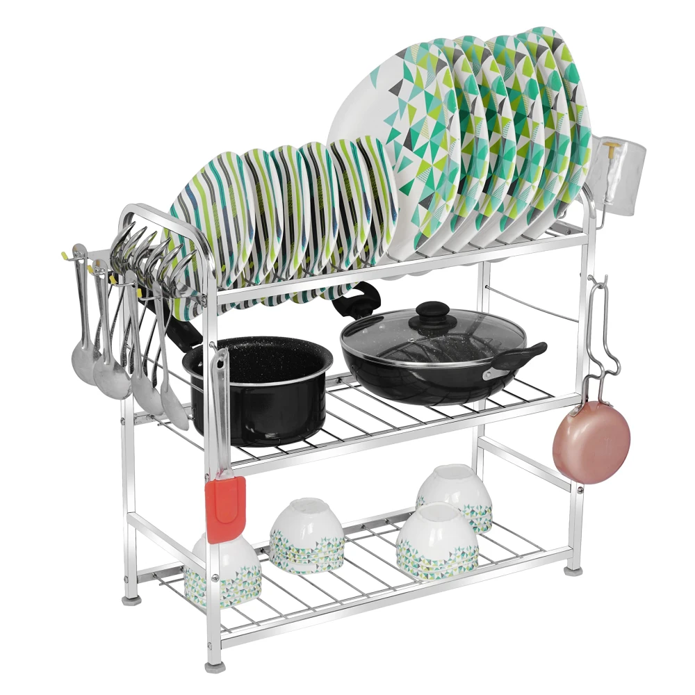 Homify 3 Layer Wall Mount Kitchen Utensils Dish Rack | Stainless Steel Utensil Rack/Stand | Dish Stand/Holder | Kitchen Organizer | Utensils Rack with Plate & Cutlery Stand (21 x 21)