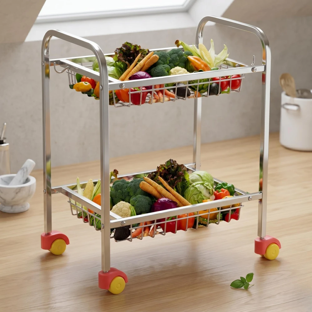 Palomino Fruits/Vegetables Kitchen Rack 2 Step Fruit and Vegetable Rack Stainless Steel Kitchen Trolley (Rectangle, 2 Tier)