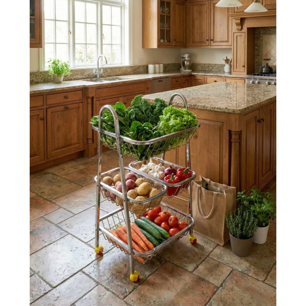 Homify Premium 3-Tier Stainless Steel Kitchen Trolley with Wheels – Rolling Fruit & Vegetable Storage Cart – Multipurpose Stainless Steel Basket Organizer Rack for Pantry, Kitchen & Home