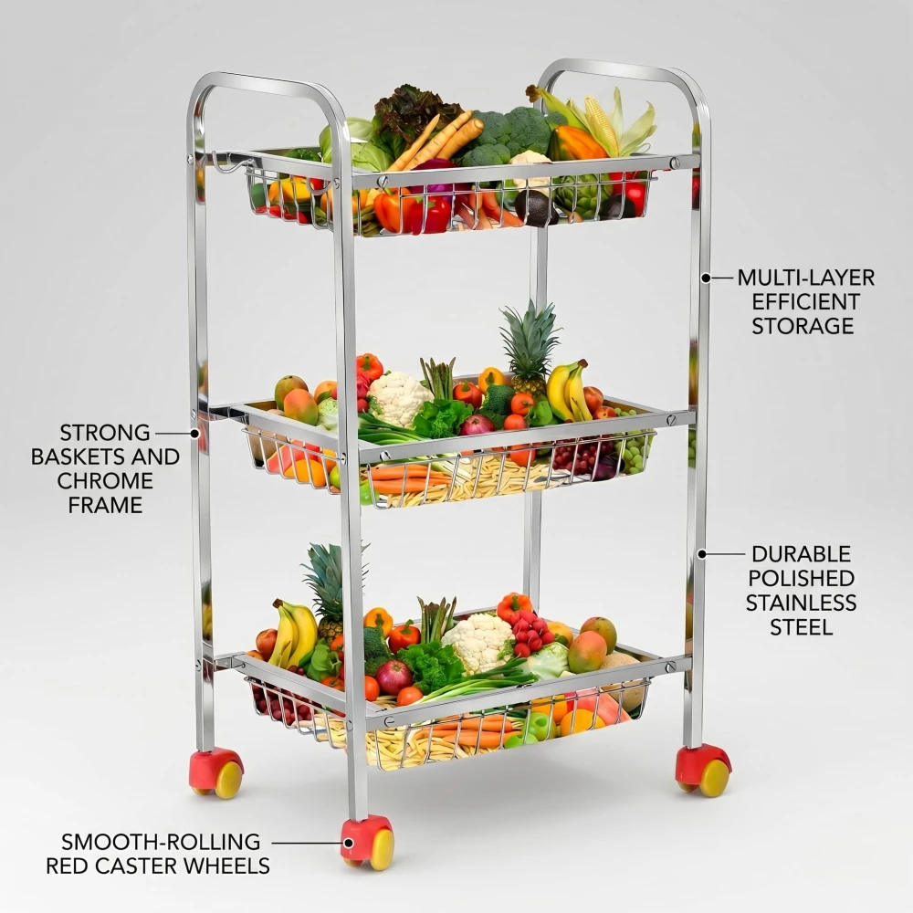 Palomino Fruits/Vegetables Kitchen Rack 3 Step Fruit and Vegetable Rack Stainless Steel Kitchen Trolley (3 Shelf)