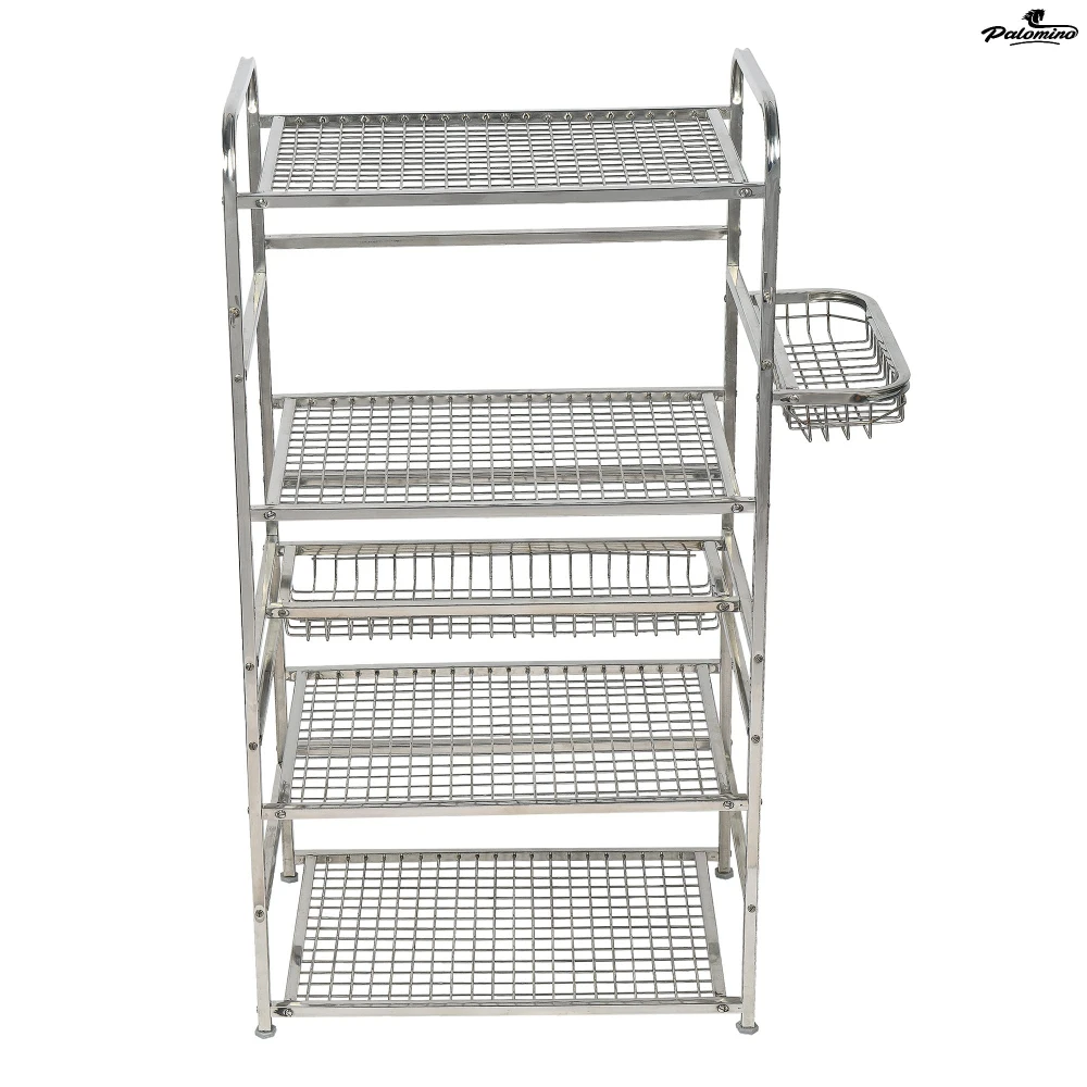 Palomino Stainless Steel Space Saver Kitchen Rack Stand for Microwave Oven Utensil Organizer Cutlery Storage Multipurpose Rack Stand for Home with Extra Hooks (Silver) (5 Shelf) (Large)