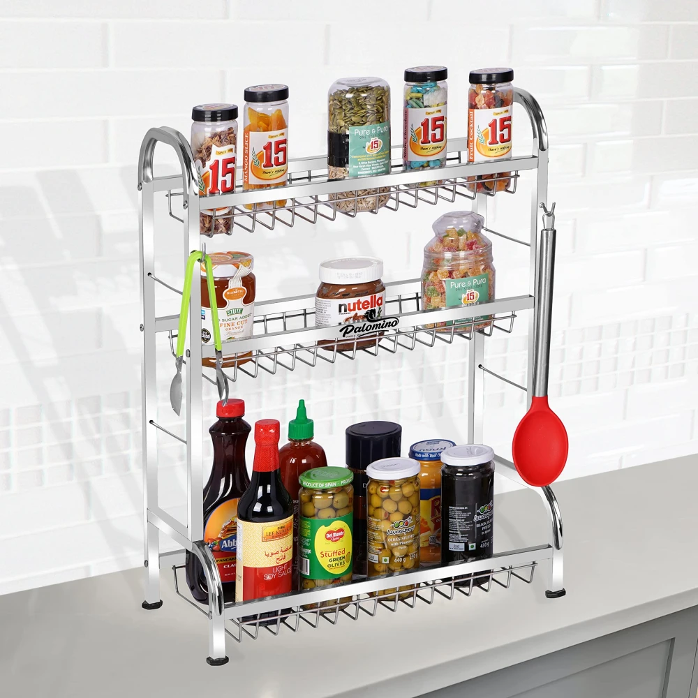 Palomino Stainless Steel Dish/Plate Rack/Stand | Utensil Rack | Modern Kitchen Rack | Container/Jar Stand | Dish Organizer | Rack with Plate & Cutlery Rack (24X18 Inch 3 Layer Kitchen rack)