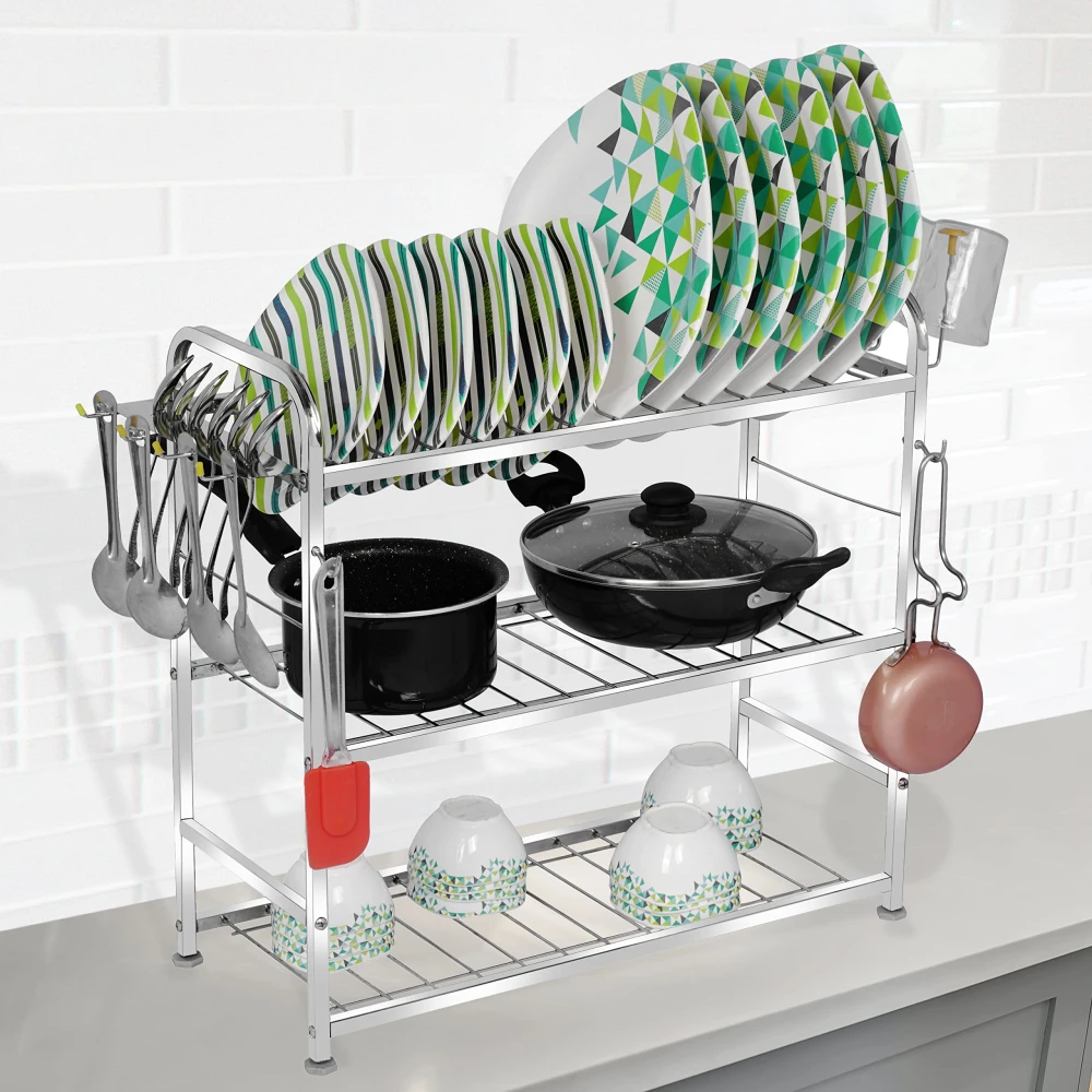 Palomino 3 Layer Wall Mount Kitchen Utensils Dish Rack | Stainless Steel Utensil Rack/Stand | Dish Stand/Holder | Kitchen Organizer | Utensils Rack with Plate & Cutlery Stand (21 x 21)