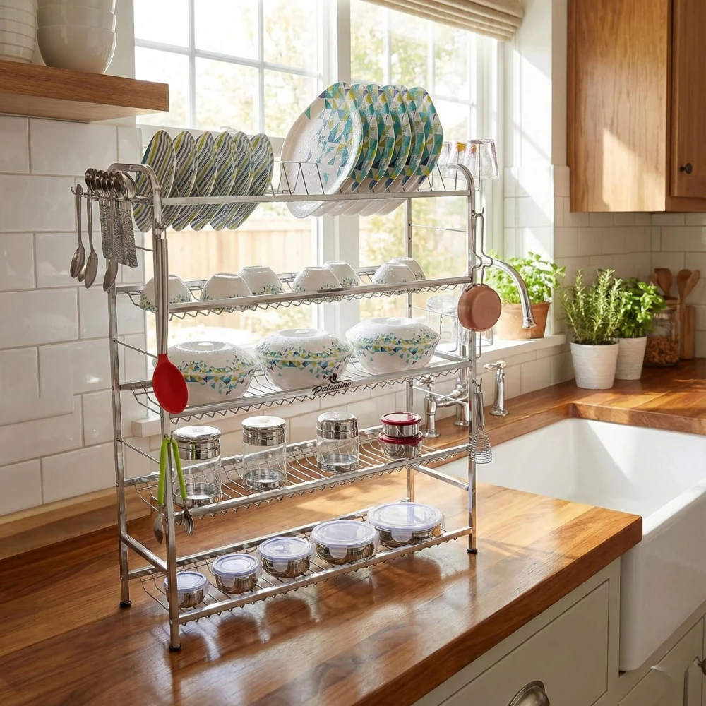Palomino 5 Layer Shelf Wall Mount Kitchen Utensils Dish Rack | Stainless Steel Stand | Kitchen Organizer | Utensils Rack with Plate & Cutlery Stand (Opal 36 * 30 in, Tiered Shelf)